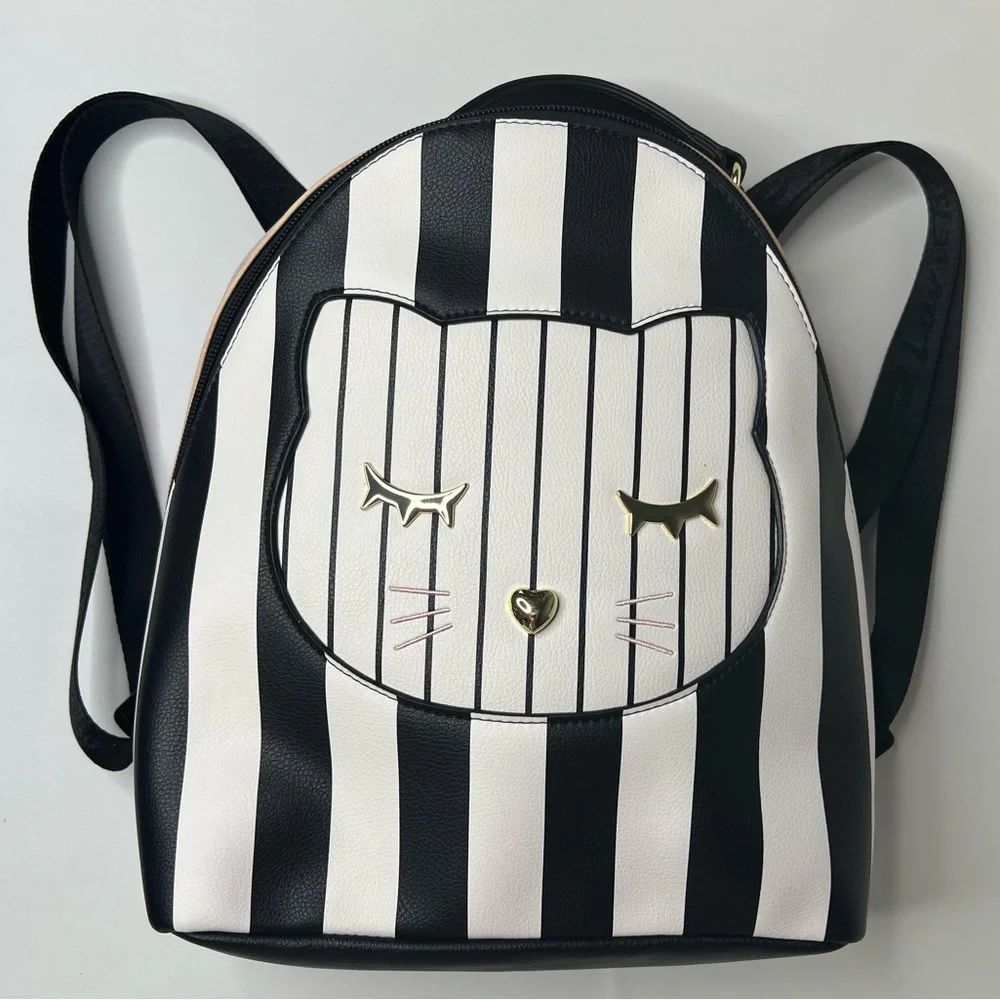 Betsey Johnson Backpack Kitty Cat Pink Black Stripes Luv Betsy zip closure
